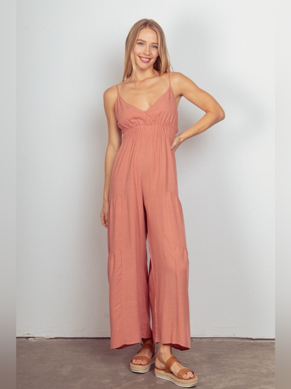 VERY J Sleeveless Ruched Wide Leg Jumpsuit